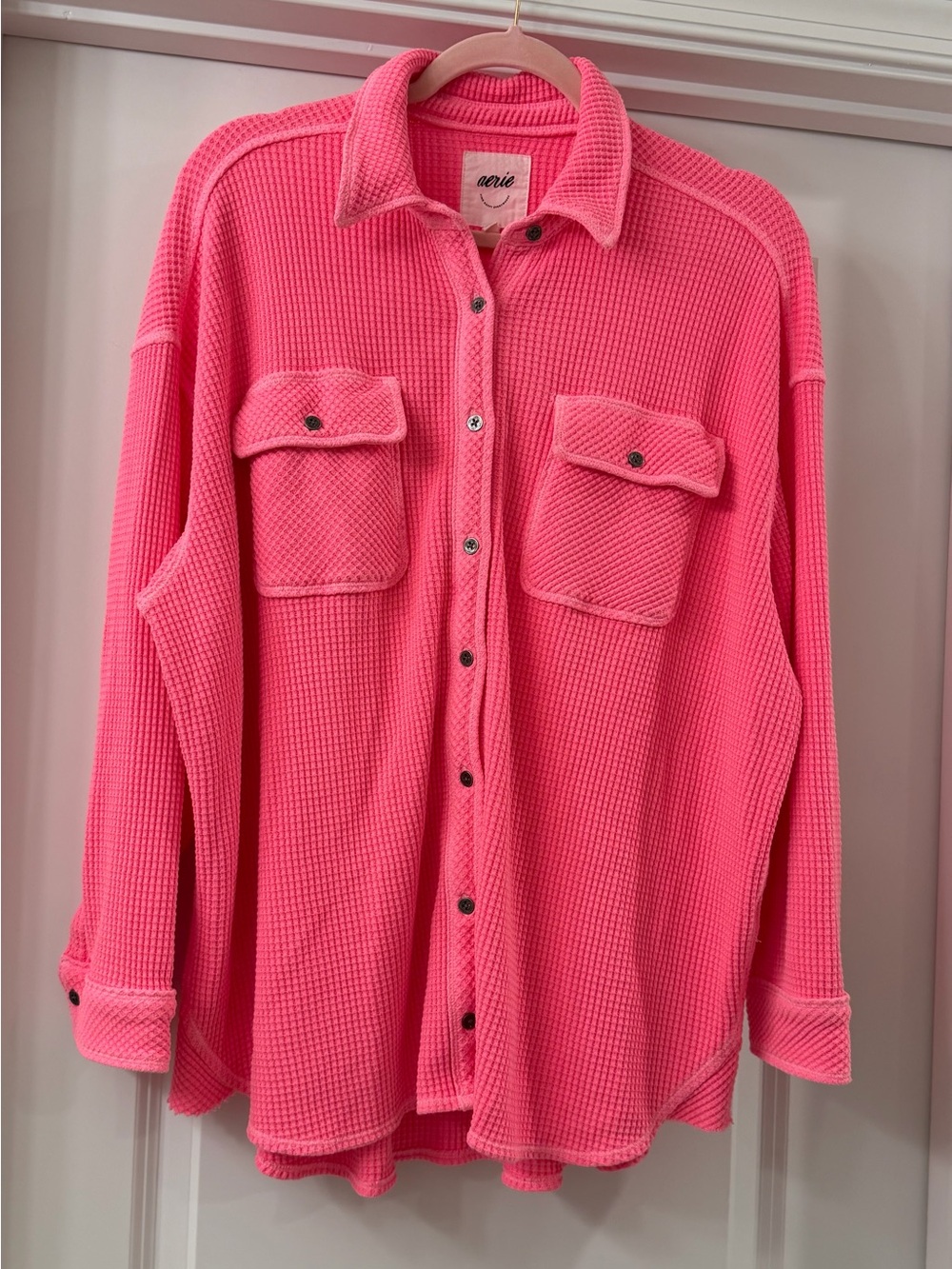 Aerie Lumberjane Waffle Shirt Shacket Coral Sun Neon Pink Oversized Small - Picture 3 of 12